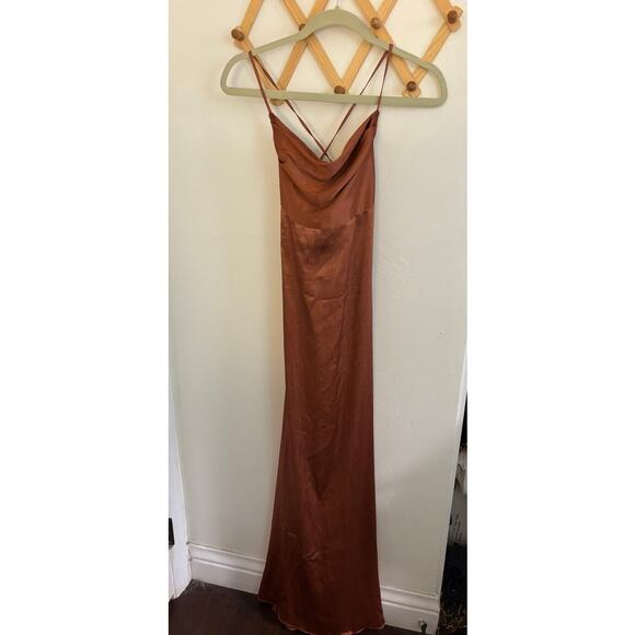 Urban Outfitters Dress Women's Small Burnt Orange Brown Cowl Neck Silk Maxi - Picture 2 of 6